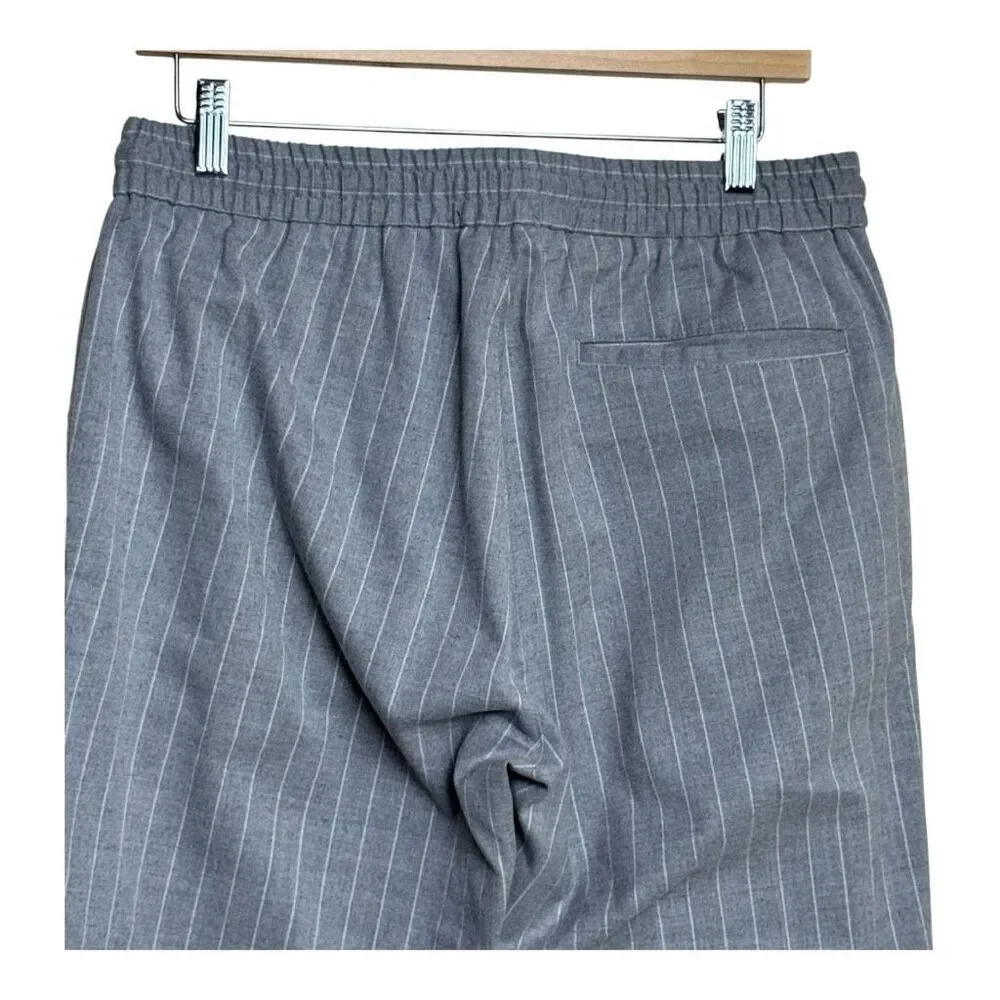 Grey and white striped straight-leg trousers with elasticated waist and drawstri - Picture 6 of 9